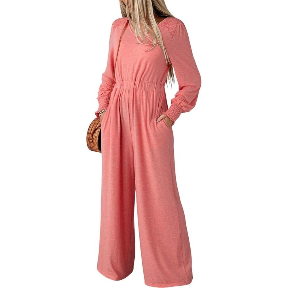 Long Sleeve Wide-Leg Jumpsuit in Coral Pink